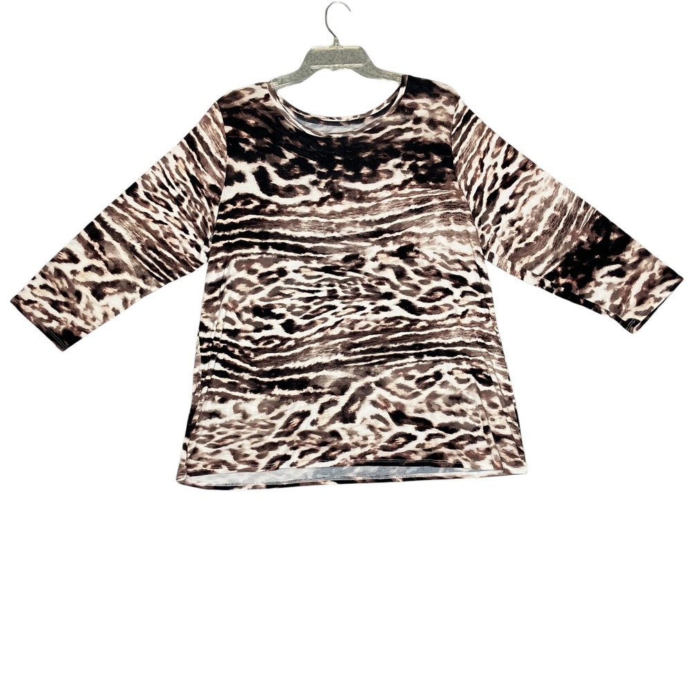 Investments Essentials Top Women 1X Brown Animal Print 3/4 Sleeve Stretch Casual